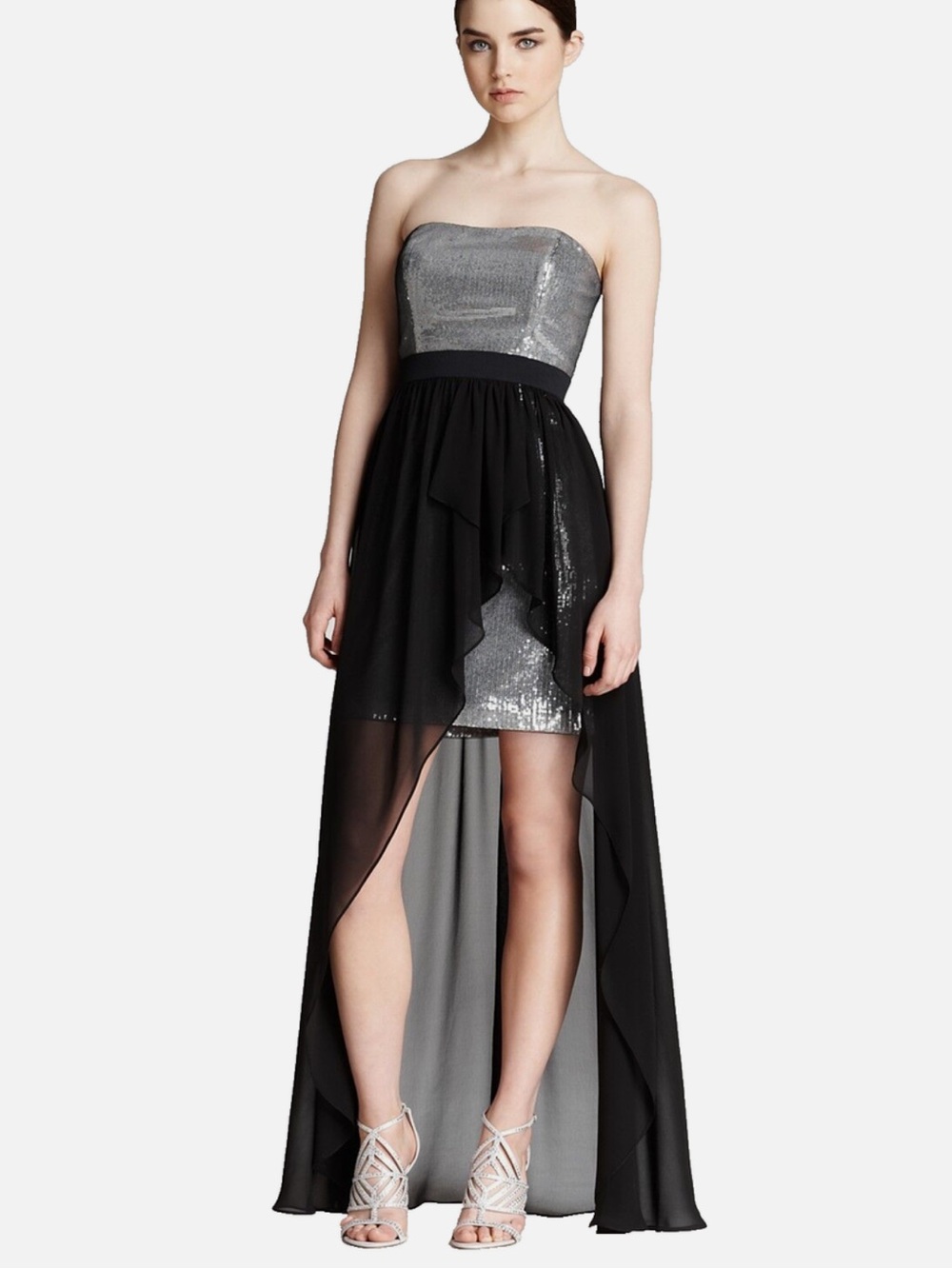 Aqua Strapless Silver Sequin High-Low Dress with Black Chiffon Overlay Formal